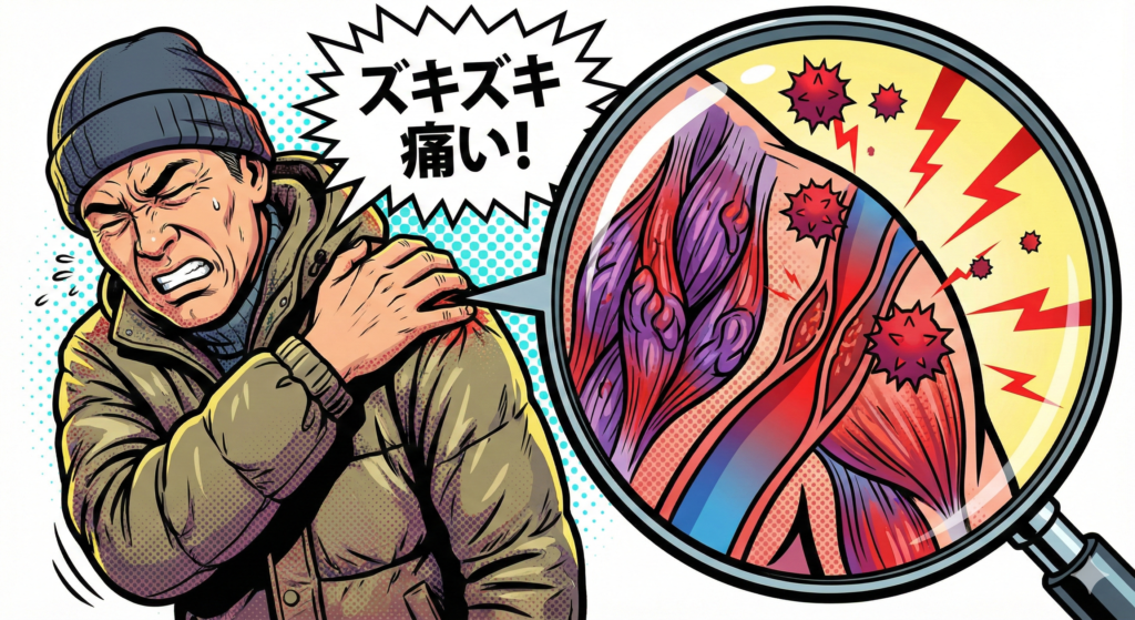 肩を激痛でおさえる男性のアメコミ風イラスト。拡大図で筋肉の硬結（コリ）、血管の圧迫による血行不良、発痛物質の発生など、痛みのメカニズムを図解。
