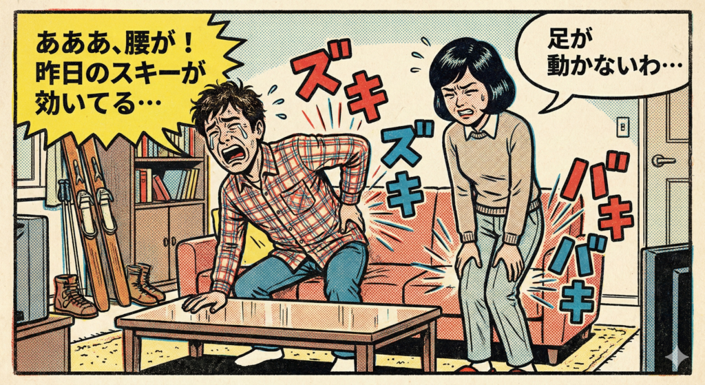 スキー後の筋肉痛で腰痛や足の痛みに悶絶する30代男女のレトロなアメコミ風イラスト