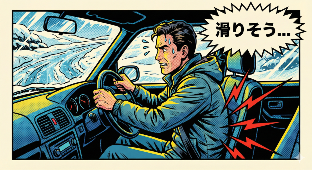 雪道運転で緊張し、腰の痛みに耐える男性のアメコミ風イラスト。「滑りそう…」という吹き出し付き。