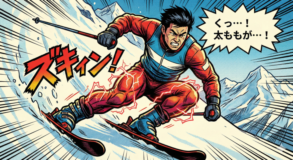 スキーの滑走中に太ももの激しい筋肉痛に襲われる男性のレトロなアメコミ風イラスト