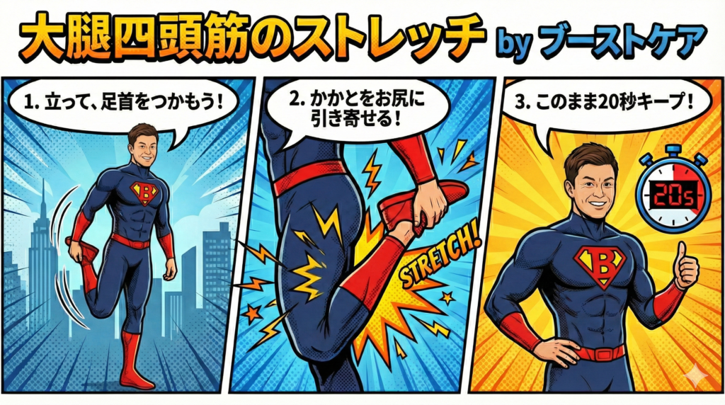 大腿四頭筋ストレッチのやり方イラスト｜立ったままできる3ステップ｜ブーストケア