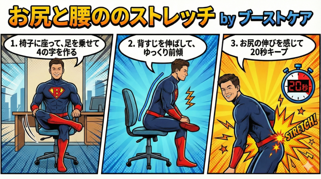 椅子に座ってできるお尻と腰のストレッチ手順イラスト｜デスクワーク腰痛対策｜ブーストケア