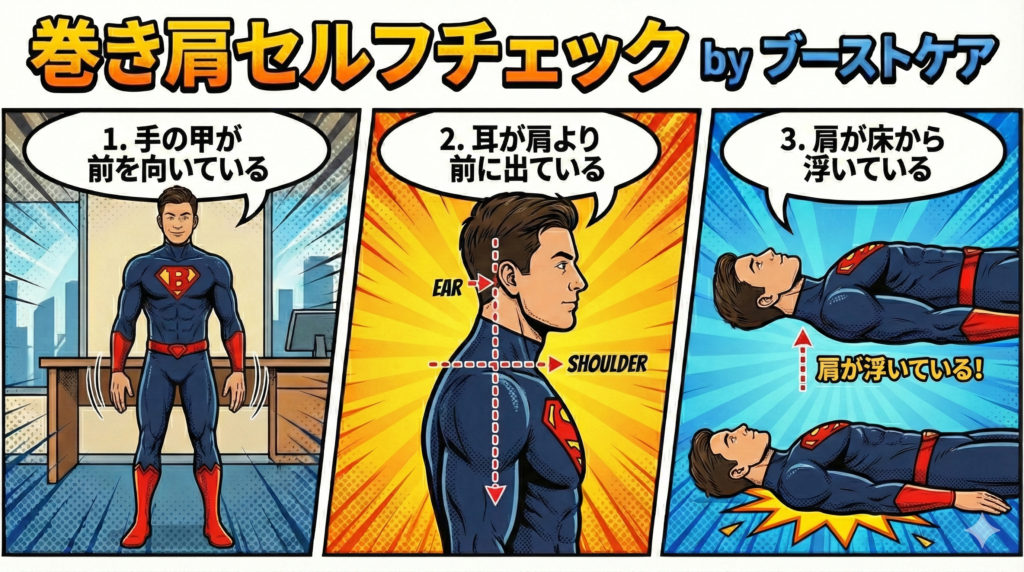 巻き肩セルフチェック図解イラスト|手の甲の向き・耳の位置・仰向けで肩が浮く|ブーストケア