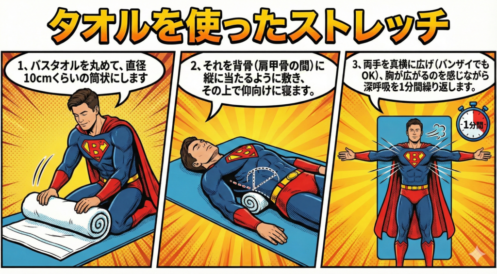 ![タオルを使ったストレッチの手順：1.バスタオルを丸めて直径10cmの筒状にする 2.背骨（肩甲骨の間）に縦に当たるように敷いて仰向けに寝る 3.両手を真横に広げて胸を開き1分間深呼吸する（ブーストケア監修アメコミ風イラスト）]