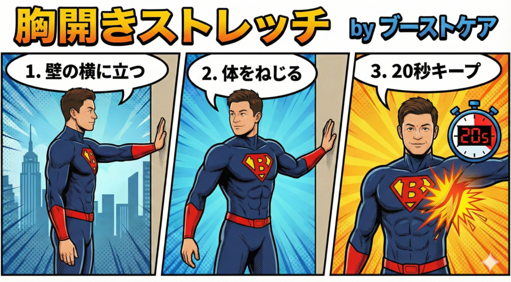 ![胸開きストレッチのやり方イラスト by ブーストケア｜1.壁の横に立つ 2.体をねじる 3.20秒キープ]
