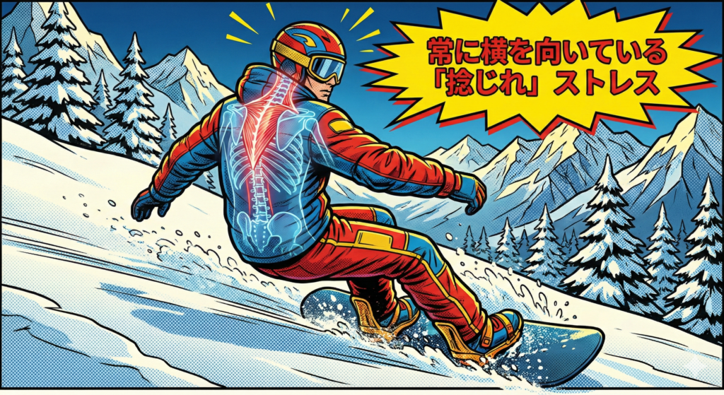 アメコミスタイルのイラストで、雪山をスノーボードで滑走する男性の後ろ姿が描かれている。彼の体は進行方向とは逆の左側を向いているが、顔は右側の進行方向を向いており、首と背中が大きく捻じれている。彼の背中にはX線のような透過エフェクトがかかっており、青い脊椎の骨格と、首から背中にかけて赤く強調された筋肉が透けて見え、捻じれによるストレスや痛みを視覚的に表現している。右上の黄色いギザギザの吹き出しには、赤い文字で「常に横を向いている『捻じれ』ストレス」という日本語のテキストが書かれている。背景には雪をかぶった山々と針葉樹があり、全体的にドットパターンと太い線で描かれたレトロなコミック調の画風である。