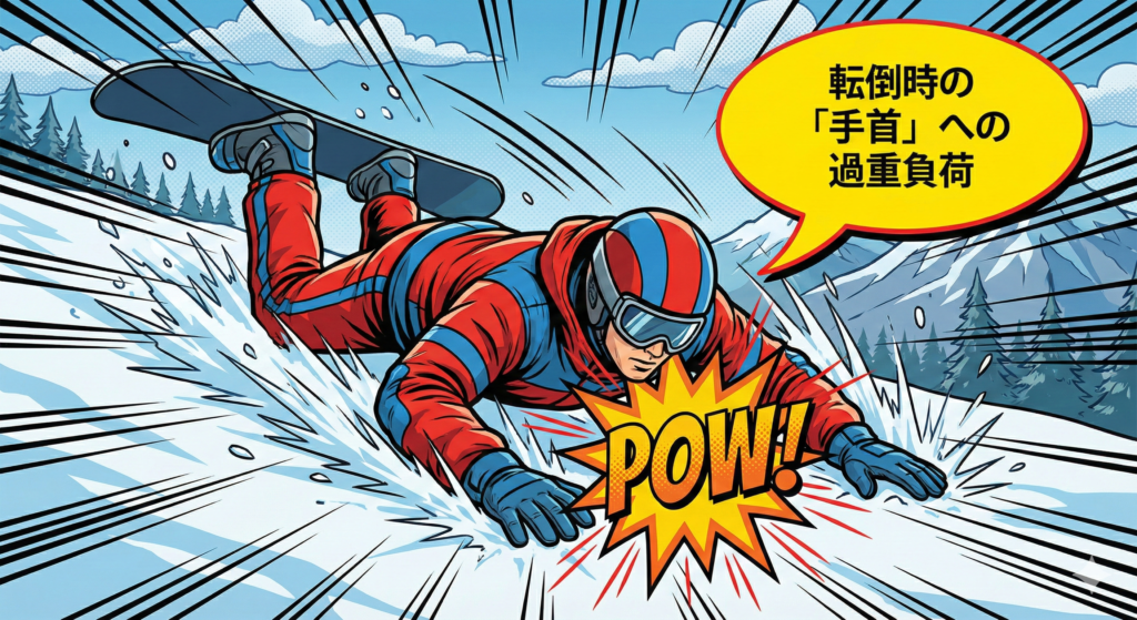 アメコミスタイルのイラストで、スノーボーダーが雪面に向かって前方に激しく転倒し、とっさに両手をついて衝撃を受け止めている瞬間が描かれている。手首が地面に接触している部分には、コミック特有のギザギザとした爆発のような衝撃エフェクト(インパクトスターバースト)が描かれ、手首の一点に過度な体重と衝撃が集中している様子を視覚的に強調している。背景にはスピードと衝撃を表現する集中線が走っている。画面上部の黄色い吹き出しには、「転倒時の「手首」への過重負荷」という日本語のテキストが太字で書かれている。