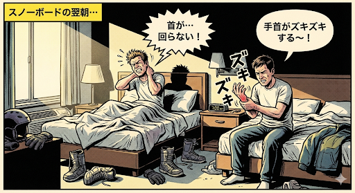 ![スノーボードの翌朝、首と手首の痛みに苦しむ二人の男性を描いたレトロなアメコミ風イラスト。左上の「スノーボードの翌朝…」というテキストボックスの下、散らかった部屋のベッドで、左側の男性が首を押さえて「首が…回らない！」と叫んでいる。右側の男性はベッドの端に座り、腫れた手首を抱えて「手首がズキズキする〜！」と顔をしかめており、手首の周りには「ズキズキ」という擬音が大きく描かれている。床にはスノーボードのブーツやグローブが散乱している。]