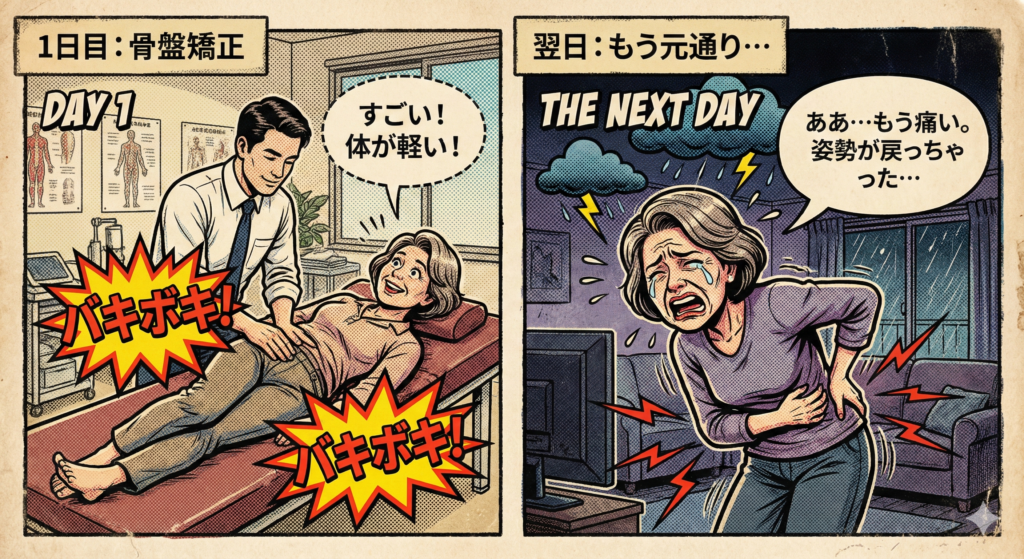![レトロなアメコミ風の2コマ漫画イラスト。左側のコマは「1日目：骨盤矯正 (DAY 1)」と題され、整体師の男性が施術台に寝ている中年の女性に骨盤矯正を行っている。女性は笑顔で「すごい！体が軽い！」と吹き出しで言っており、施術箇所には「バキボキ！」という大きな効果音が描かれている。右側のコマは「翌日：もう元通り… (THE NEXT DAY)」と題され、同じ女性が暗い部屋で腰をさすりながら泣きそうな顔をしている。頭上には雨雲と雷があり、体からは痛みを表す赤い線が出て、「ああ…もう痛い。姿勢が戻っちゃった…」と嘆いている。全体的にヴィンテージな紙の質感とハーフトーンのドット表現が施されている。]