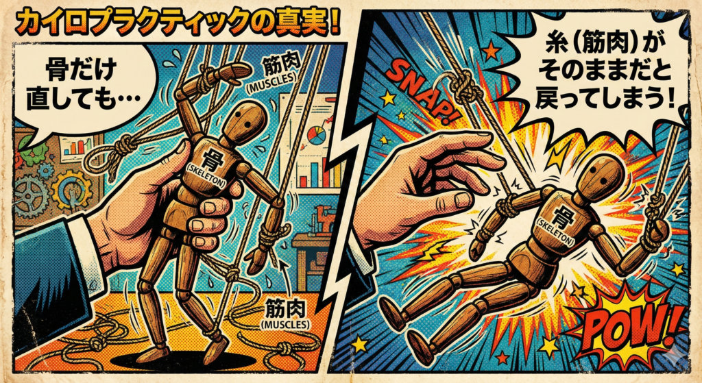 ![アメコミ風イラスト：骨格矯正と筋肉の関係を示すマリオネットの比喩。左コマでは手が人形を無理やり真っ直ぐにし「骨だけ直しても...」、右コマでは手を離すと筋肉を表す糸に引かれて元の歪みに戻り「糸（筋肉）がそのままだと戻ってしまう！」と説明している]