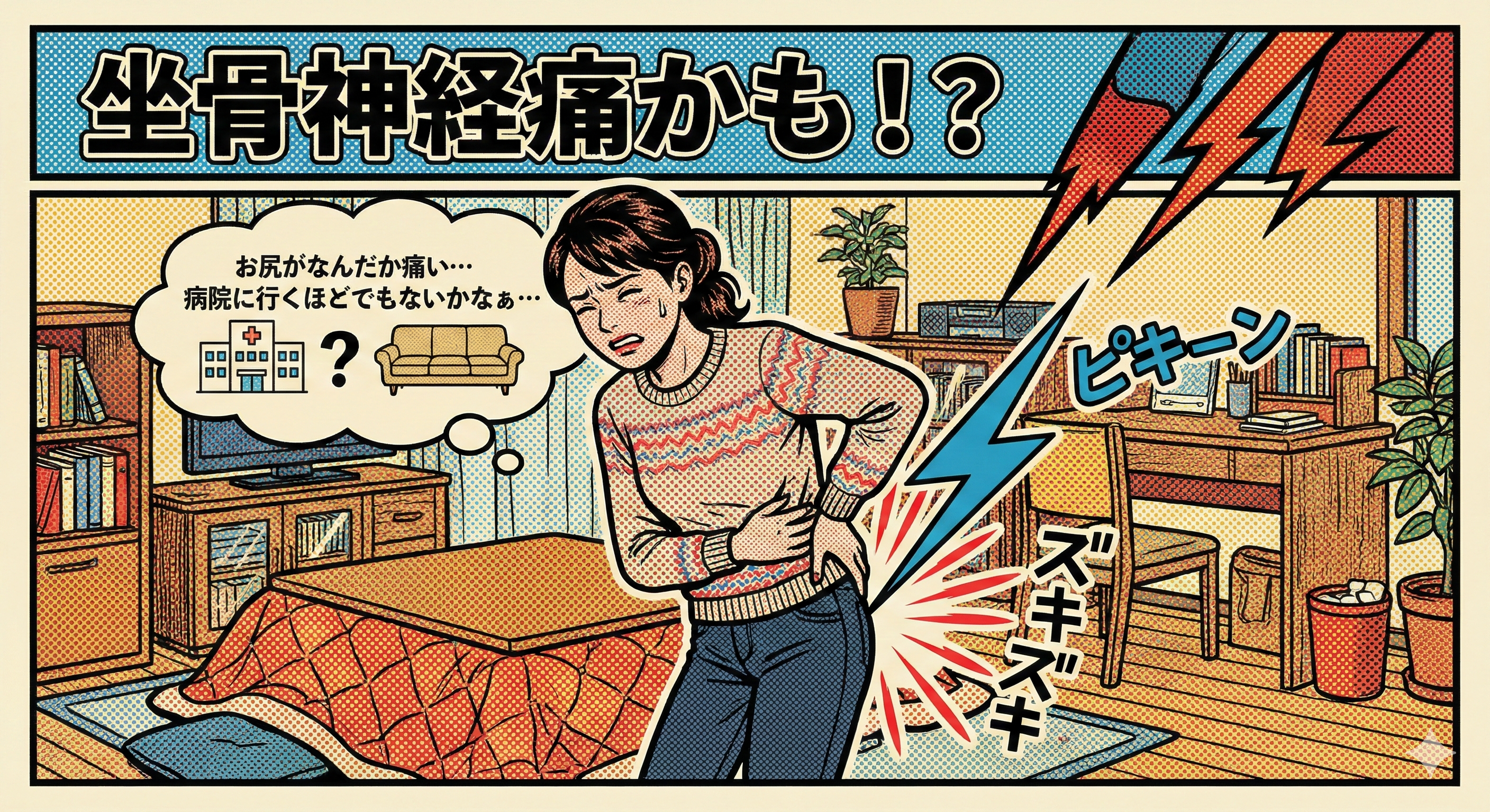 ![坐骨神経痛かも!?腰やお尻に「ピキーン」「ズキズキ」という鋭い痛みを感じ、病院に行くか迷っている40代女性のアメコミ風イラスト