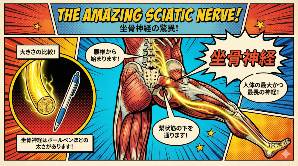 ![坐骨神経の走行と太さを解説するアメコミ風の解剖図イラスト。腰から足へ伸びる黄色い神経が強調され、ボールペンと比較してその太さを示している](https://boost-care.com/wp-content/uploads/2026/01/IMG_1513.png
