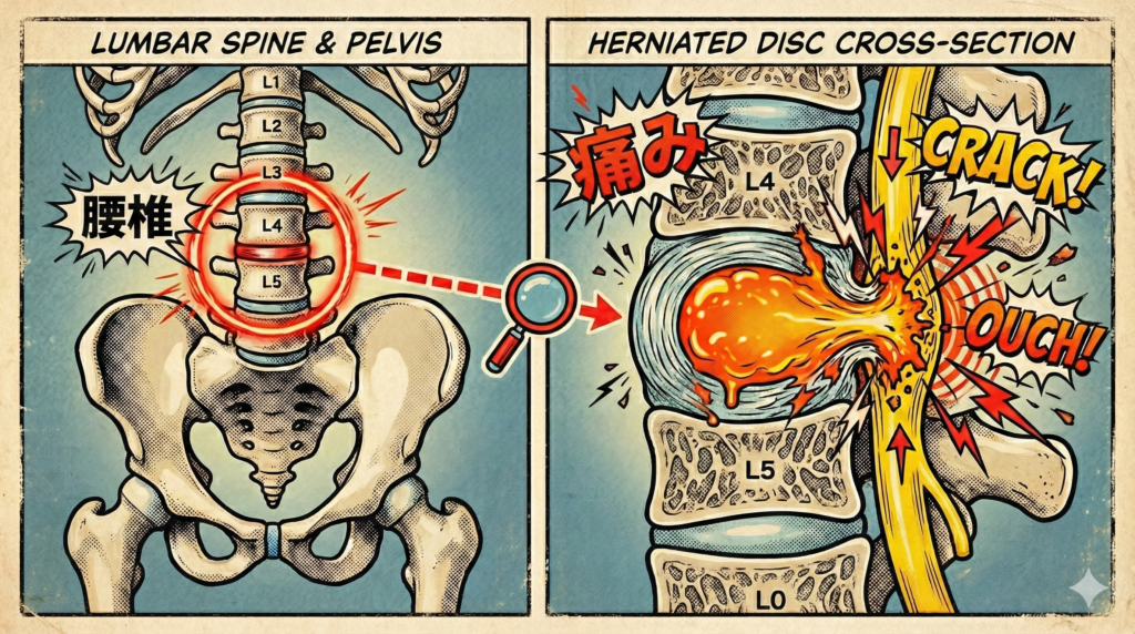 ![腰椎椎間板ヘルニアの解説図。左側は腰椎と骨盤の全体像で患部を強調。右側は拡大断面図で、ヘルニアが神経を圧迫し痛みを引き起こしている様子をアメコミ調の稲妻や衝撃波で表現している] https://boost-care.com/wp-content/uploads/2026/01/IMG_1515.png