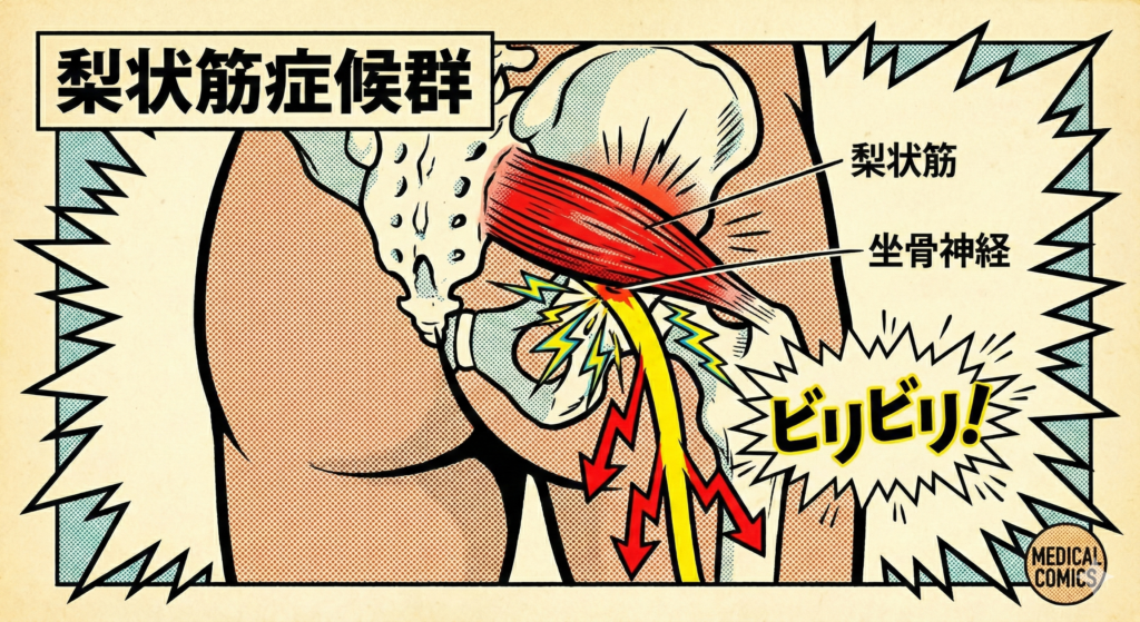 ![梨状筋症候群の解説イラスト（アメコミ風）：赤く緊張した「梨状筋」が黄色の「坐骨神経」を圧迫し、ビリビリとした痛みが走っている様子](画像URL) https://boost-care.com/wp-content/uploads/2026/01/IMG_1516.png