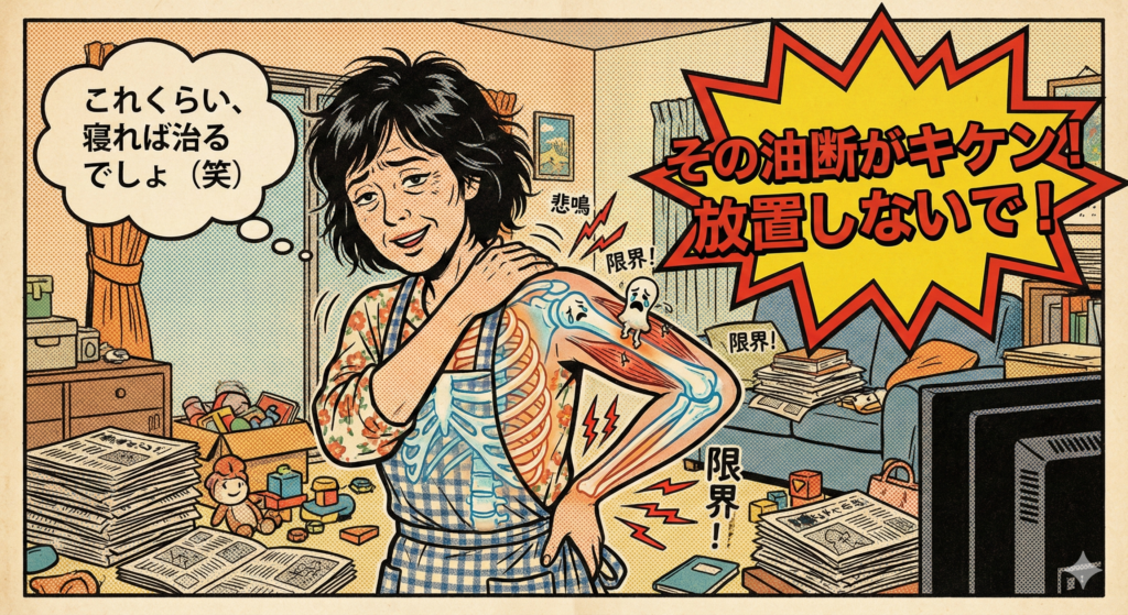![アメコミ風警告イラスト：肩と腰をさする主婦が「これくらい、寝れば治るでしょ（笑）」と油断しているが、背中の透視図では骨や筋肉が「悲鳴」「限界！」と泣いている。「その油断がキケン！放置しないで！」という衝撃的なメッセージが表示されている](https://boost-care.com/wp-content/uploads/2026/01/IMG_1518.png
