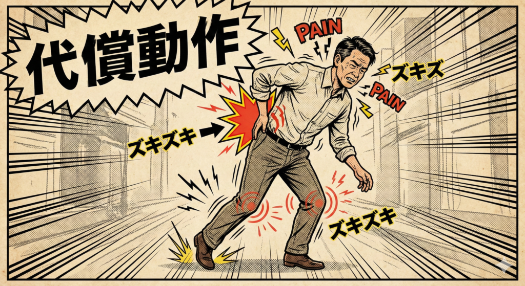 ![アメコミ風イラスト：痛みの「代償動作」の解説図。右腰の痛みをかばって左足に体重をかけた結果、姿勢が歪み、左膝や首・肩へ「ズキズキ」と痛みが連鎖している中年男性の様子](https://boost-care.com/wp-content/uploads/2026/01/IMG_1520.png