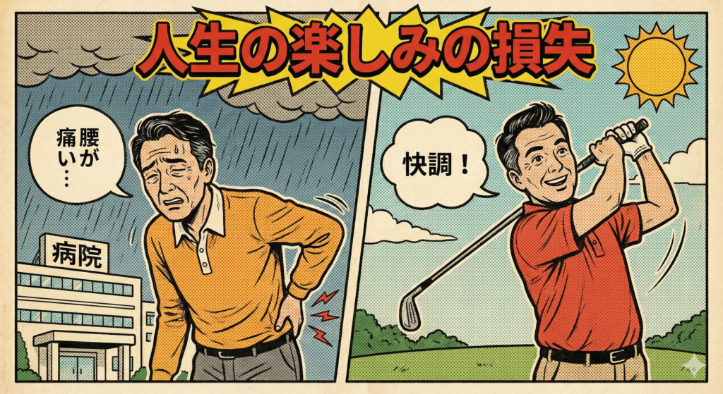 ![アメコミ風イラスト「人生の楽しみの損失」。左半分は「腰が痛い...」と呟きながら暗い表情で病院へ向かう男性。右半分は「快調！」と笑顔でゴルフを楽しむ元気な男性。痛みを放置した場合の生活の質の低下と、健康な状態での楽しみを対比して描いている](https://boost-care.com/wp-content/uploads/2026/01/IMG_1522.png