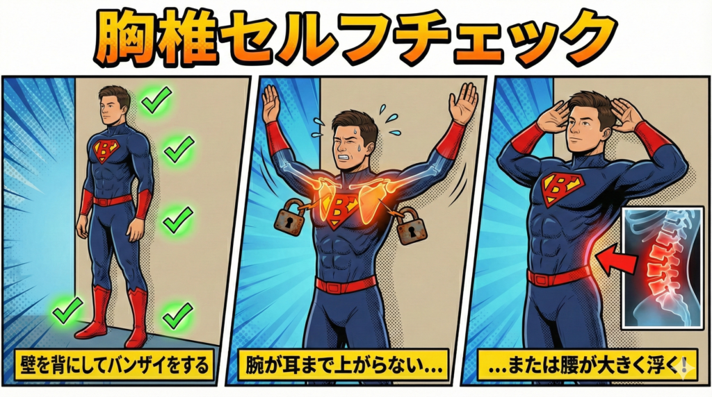 胸椎（背骨の胸の部分）の動きを自分で確認する方法をイラストで解説しています。「胸椎セルフチェック」というタイトルで、3つのステップが並んでいます。 左のコマでは、スーパーマンのようなスーツを着た男性が壁に背中、お尻、かかとをぴったりつけて立っています。 中央のコマでは、壁を背にして両手をバンザイしようとしていますが、腕が耳まで上がらず、肩に錠前がかかって動きが制限されている様子が描かれています。 右のコマでは、腕を耳まで上げようとして腰が壁から大きく反ってしまっている様子と、その時の背骨の状態を示すX線画像が描かれています。https://boost-care.com/wp-content/uploads/2026/01/IMG_1532.png