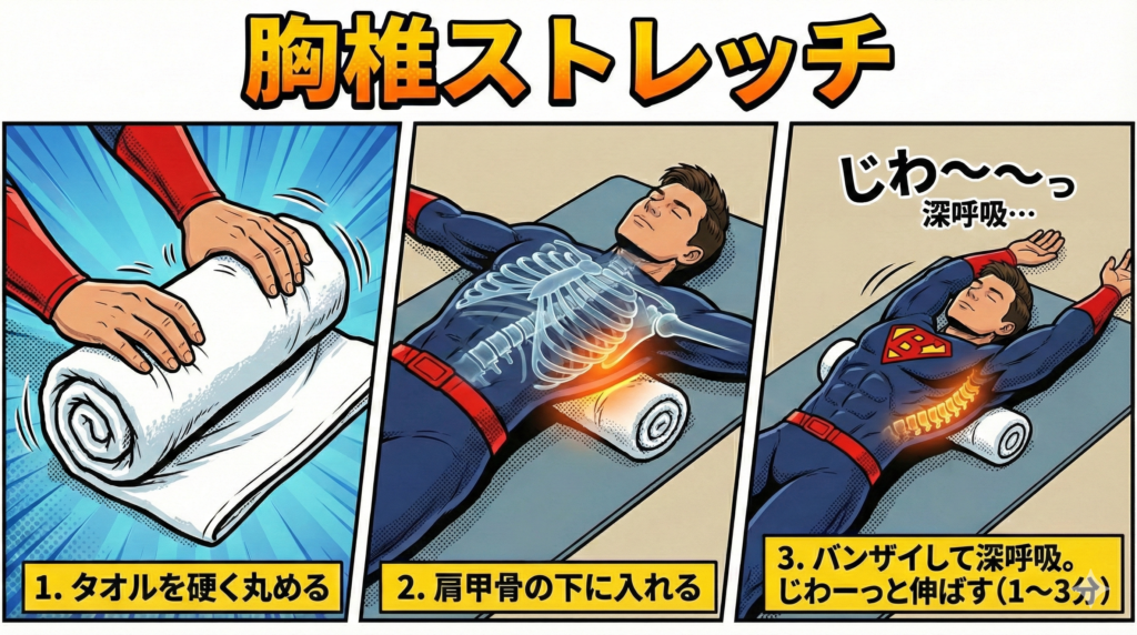 【1日3分】丸めたタオルを肩甲骨の下に入れて寝るだけの「胸椎ストレッチ」。猫背や巻き肩でガチガチになった背骨を、重力を利用して無理なく伸ばします。 https://boost-care.com/wp-content/uploads/2026/01/IMG_1533.png