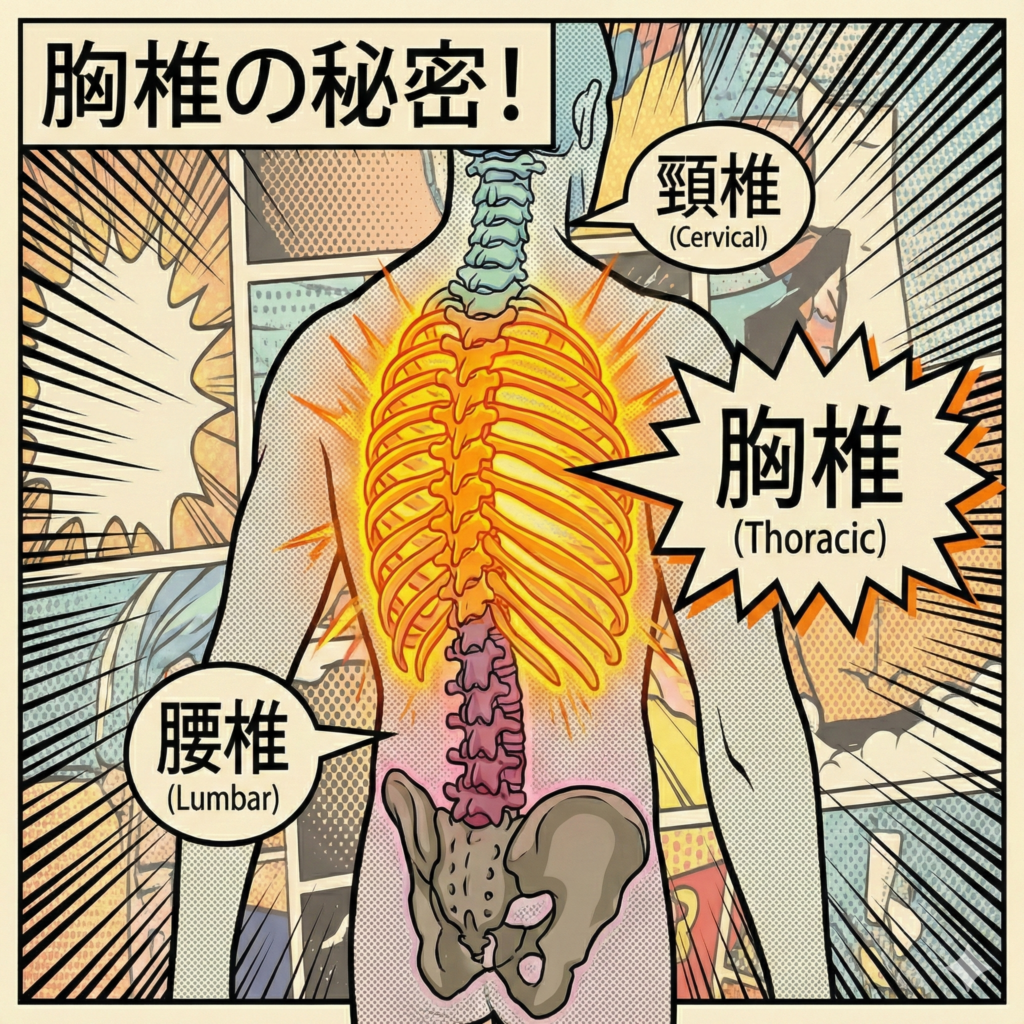 ![アメコミ風のイラストで、人間の背骨が色分けされて強調されている。「胸椎の秘密！」というタイトルがあり、中央の胸椎（Thoracic）がオレンジ色に光り輝き、大きな吹き出しで強調されている。上部の頸椎（Cervical）は青緑色、下部の腰椎（Lumbar）は赤紫色で、それぞれ日本語と英語のラベルが付いた吹き出しがある。骨盤は茶褐色で最下部にある。背景は集中線とドットパターンを用いたコミックのコマ割り表現になっている。](image_5.png)