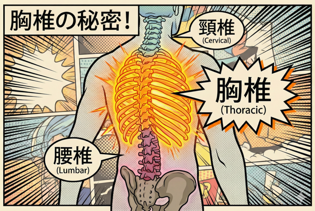 ![アメコミ風のイラストで、人間の背骨が色分けされて強調されている。「胸椎の秘密！」というタイトルがあり、中央の胸椎（Thoracic）がオレンジ色に光り輝き、大きな吹き出しで強調されている。上部の頸椎（Cervical）は青緑色、下部の腰椎（Lumbar）は赤紫色で、それぞれ日本語と英語のラベルが付いた吹き出しがある。骨盤は茶褐色で最下部にある。背景は集中線とドットパターンを用いたコミックのコマ割り表現になっている。](image_5.png)