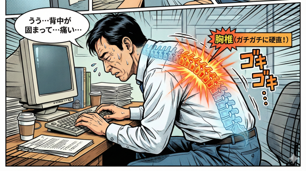 ![アメコミ風のイラストで、デスクワーク中の日本人中年男性が猫背になり、背中の痛みに苦しんでいる様子が描かれている。男性は汗をかき、苦痛に満ちた表情で、古いCRTモニターとキーボードに向かっている。彼の背中は極端に丸まっており、その上に半透明の解剖図が重ねられている。背骨の胸椎部分が赤く発光し、爆発のようなエフェクトと共に「ゴキゴキ…」という擬音が添えられ、痛みが強調されている。男性の口からは「うう…背中が固まって…痛い…」という日本語の吹き出しが出ており、赤く光る背骨の部分には「胸椎（ガチガチに硬直！）」というラベルが付いたギザギザの吹き出しが指し示されている。机の上は書類やコーヒーカップで乱雑で、背景はオフィスの様子がコマ割りで描かれている。](image_7.png) https://boost-care.com/wp-content/uploads/2026/01/IMG_1536.png