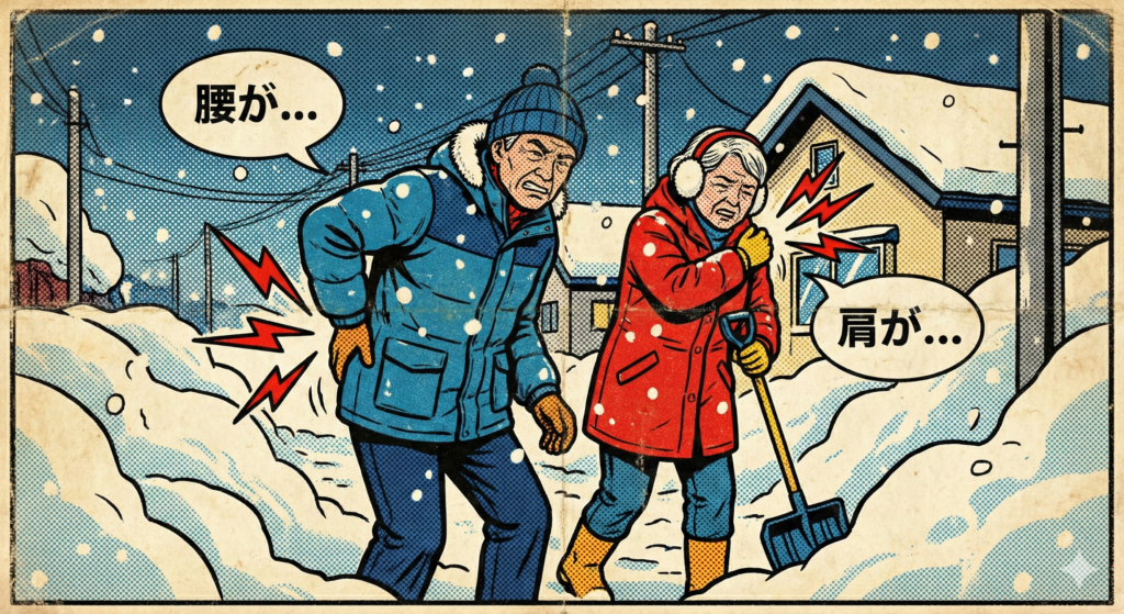 # 雪かきで腰と肩を痛めた老夫婦のレトロなコミックイラスト このイラストは、レトロなアメリカンコミックスタイル（ポップアート、ベン・デイ・ドット、ヴィンテージ印刷の質感）で描かれた、札幌の住宅街での雪かきシーンです。大雪の中、老夫婦が雪かきをしており、両者とも痛みに苦しんでいます。 * **男性:** 左側の青いパーカーと帽子をかぶった男性は、腰を痛そうに押さえています。腰から赤い稲妻のような痛みのシンボルが放射状に出ており、彼の頭上には「腰が…」という日本語の吹き出しがあります。 * **女性:** 右側の赤いコートと耳当てをした女性は、シャベルを持ちながら右肩を痛そうに押さえています。肩からも同様の赤い痛みのシンボルが出ており、「肩が…」という日本語の吹き出しがあります。 * **背景:** 雪に深く覆われた札幌の住宅街が描かれており、木造の家、電柱、降り続く雪が、荒いコミック印刷のスタイルで表現されています。 https://boost-care.com/wp-content/uploads/2026/01/IMG_1540.png