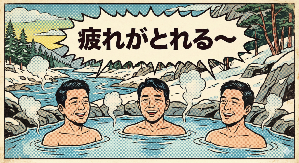 # レトロコミック風の温泉イラスト **スタイル:** レトロなアメリカンコミックブックのパネルを模したイラストレーション。太い黒の輪郭線、ドットパターン(ベン・デイ・ドット)による陰影と色彩、そして古びて黄ばんだ紙の質感が特徴的なポップアートスタイルで描かれています。 **内容:** 雪景色の露天風呂に、笑顔の中年アジア人男性3人が肩まで浸かっています。彼らの表情はリラックスしており、満足げです。水面からは湯気が白い雲のように立ち上っています。 **テキスト:** 彼らの頭上には、ギザギザした大きな吹き出しがあり、その中に太い黒文字の日本語で「**疲れがとれる〜**」と書かれています。 **背景:** 背景には、雪が積もった岩場、松の木々、そして遠くの山間を流れる川が描かれています。空は青と黄色で、ドットパターンで雲が表現された冬の景色です。全体的に青、水色、肌色、白、黒、そしてくすんだ黄色や緑といった限られた色使いで構成されています。 https://boost-care.com/wp-content/uploads/2026/01/IMG_1541.png