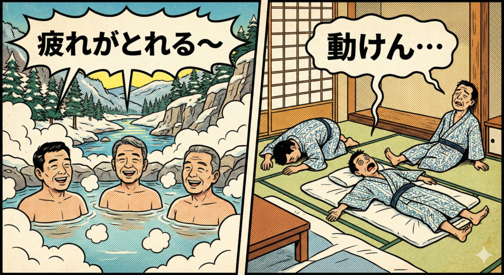# 温泉での「ビフォー・アフター」を描いた2コマ漫画風イラスト レトロなアメコミ(ポップアート)スタイルで描かれた、左右2分割の構成です。太い輪郭線とドットの陰影が特徴的です。 * **左のコマ(入浴中):** * 雪山と松の木を背景にした露天風呂に、3人の中年男性が肩まで浸かっています。 * 全員が満面の笑みを浮かべ、心地よさそうにリラックスしています。 * 頭上のギザギザした吹き出しには、太字の日本語で「**疲れがとれる〜**」と書かれています。 * **右のコマ(入浴後):** * 場面は畳の敷かれた和室(旅館の客室)に変わります。障子や木の柱が見えます。 * 同じ3人の男性が青と白の柄の浴衣を着ていますが、極度のリラックス状態(あるいは湯あたり)で動けなくなっています。 * 1人は布団の上で目を回して仰向けになり、1人は畳にうつ伏せに突っ伏し、もう1人は壁にもたれて魂が抜けたような表情をしています。 * 震えるような吹き出しには、日本語で「**動けん…**」と書かれています。 https://boost-care.com/wp-content/uploads/2026/01/IMG_1542.png