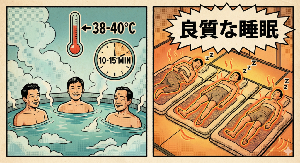 # 温泉入浴法と効果のレトロコミック風イラスト レトロなアメリカンコミック(ポップアート)スタイルで描かれた、2コマ構成のイラストです。 * **左のコマ(推奨される入浴法):** * 湯気の立つ温泉に、リラックスした表情の中年男性3人が肩まで浸かっています。 * 上部には温度計のイラストがあり、38-40°Cという推奨温度が示されています。 * その下には時計のイラストがあり、10-15 MIN(10〜15分)という推奨入浴時間が示されています。 * 全体的に青や緑を基調とした落ち着いた色合いです。 * **右のコマ(期待される効果):** * 同じ3人の男性が、畳の部屋に敷かれた布団の上で深く眠っています。 * 彼らの体からはオレンジ色の熱気のような波線が発せられており、体が温まっていることを視覚的に表現しています。 * 頭上には睡眠を示すZzzという文字が浮かんでいます。 * 上部にある大きなギザギザの吹き出しには、太字の日本語で「良質な睡眠」と書かれています。 * 全体的にオレンジや黄色を基調とした温かい色合いです。 https://boost-care.com/wp-content/uploads/2026/01/IMG_1543.png