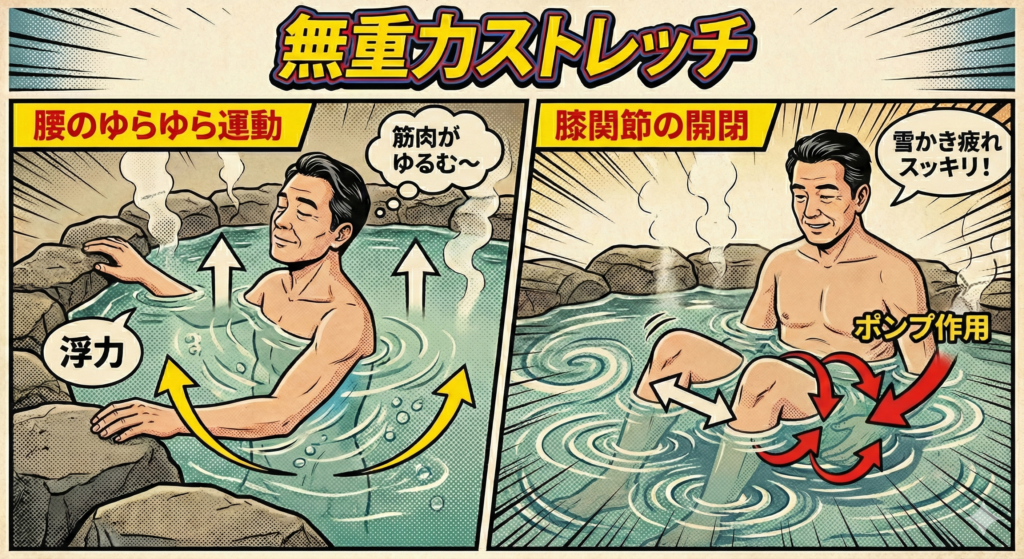 # レトロアメコミ風「無重力ストレッチ」解説イラスト レトロなアメリカンコミック(ポップアート)スタイルで描かれた、温泉を利用した「無重力ストレッチ」を解説する2コマ漫画風のイラスト。上部に大きく「無重力ストレッチ」というタイトルロゴがある。 * **左パネル:「腰のゆらゆら運動」** * 岩風呂の温泉に肩まで浸かり、目を閉じてリラックスした表情の中年男性が描かれている。 * お湯の中から上向きの矢印が出ており、「浮力」という吹き出しが付いている。 * 男性の腰の周りには、左右にゆらゆらと揺れる動きを示す大きな黄色い矢印と、泡が描かれている。 * 男性の頭上には思考を表す雲形の吹き出しがあり、「筋肉がゆるむ〜」と書かれている。 * 浮力を利用して腰を優しく揺らし、筋肉の緊張をほぐす運動であることを示している。 * **右パネル:「膝関節の開閉」** * 同じ男性が温泉の中で膝を曲げて座り、笑顔で膝を開いたり閉じたりしている。足はお湯に浸かっている。 * 膝の間に開閉の動きを示す白い双方向矢印が描かれている。 * 足の周囲には水流の渦巻きが描かれ、水の抵抗があることを表現している。 * 太ももの付け根付近には、血行が促進される様子を示す太い赤い矢印が描かれ、「ポンプ作用」という吹き出しが付いている。 * 男性の横には「雪かき疲れスッキリ!」という吹き出しがある。 * 水圧を利用した膝の開閉運動が筋肉のポンプ作用を促し、疲労回復(特に雪かき疲れ)に効果的であることを示している。 https://boost-care.com/wp-content/uploads/2026/01/IMG_1545.png