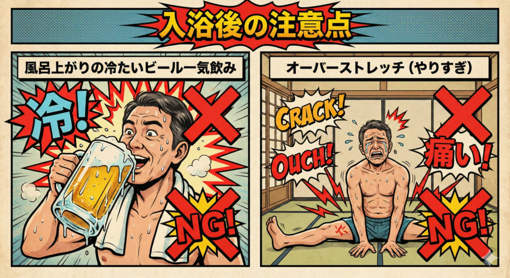 # 入浴後のNG習慣を解説するレトロコミック風イラスト レトロなアメリカンコミック(ポップアート)スタイルで描かれた、入浴後の注意点を説明する2コマ構成の警告インフォグラフィックです。上部には「入浴後の注意点」という大きなタイトルロゴがあります。 * **左パネル:「風呂上がりの冷たいビール一気飲み」** * 風呂上がりの男性が、キンキンに冷えたジョッキビールを勢いよく飲んでいる様子が描かれています。 * 男性の表情は快感と、冷たさによる衝撃が混ざり合ったような誇張された表現になっています。 * パネル全体に大きな赤い「×」印と「NG!」のスタンプ、さらに「冷!」という大きな擬音語の吹き出しが配置され、身体への急激なショックを警告しています。 * **右パネル:「オーバーストレッチ(やりすぎ)」** * 畳の部屋で、同じ男性が無理に股割り(開脚)ストレッチをしている様子が描かれています。 * 男性の顔は苦痛で歪み、涙と汗を流しています。 * パネル全体に大きな赤い「×」印と「NG!」のスタンプが重ねられています。 * 太ももや股関節の周りには、痛みを示す赤い稲妻状のラインや、「CRACK!」「OUCH!」「痛い!」といった衝撃や悲鳴を表す吹き出しが散りばめられ、無理な柔軟運動の危険性を強調しています。 https://boost-care.com/wp-content/uploads/2026/01/IMG_1546.png
