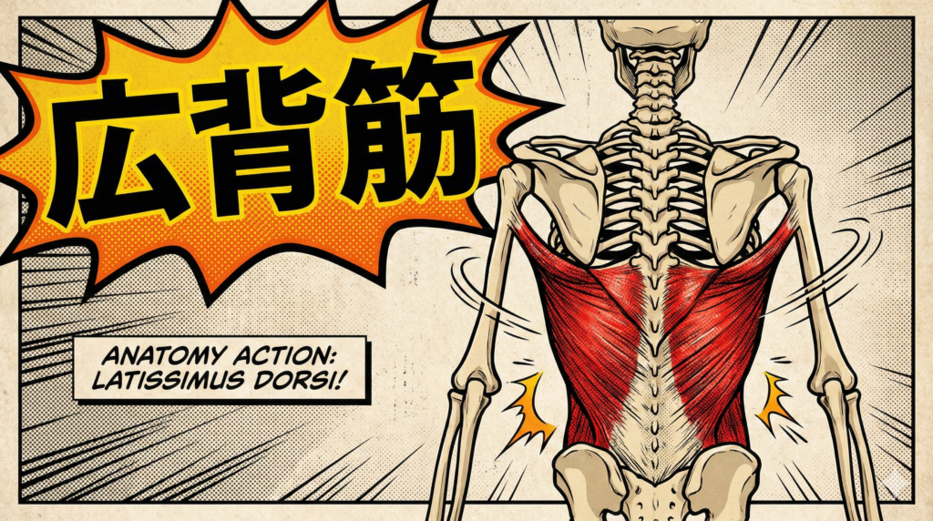 広背筋の説明図。解剖の図。https://boost-care.com/wp-content/uploads/2026/01/IMG_1553.png