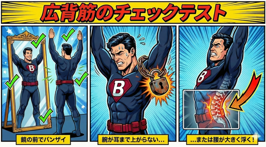 ![広背筋のチェックテスト：3コマ漫画形式のイラスト](generated_image_url) **概要:** アメコミ風のスーパーヒーローが「広背筋（背中の筋肉）」の硬さをチェックする方法を解説している3コマ漫画。キャラクターはネイビーのスーツに赤いベルト、「B」のエンブレムを胸につけた男性ヒーロー（マントなし）。 **各コマの詳細:** 1. **左のコマ（正しい姿勢の準備）** * **イラスト:** ヒーローが鏡の前に立ち、背中を向けて両手を高く上げる「バンザイ」のポーズをとっている。鏡の中の像は笑顔。周囲に緑色のチェックマークが飛び交い、良い状態であることを示している。 * **下部テキスト:** 「鏡の前でバンザイ」 2. **中央のコマ（NG例1：腕が上がらない）** * **イラスト:** ヒーローが苦しい表情で腕を上げようとしているが、腕が耳の横まで到達せず、手前で止まっている。肩関節には「南京錠」と「鎖」のイラストが描かれ、可動域が制限されていることを視覚的に表現している。 * **下部テキスト:** 「腕が耳まで上がらない…」 3. **右のコマ（NG例2：腰が反る）** * **イラスト:** 無理やり腕を上げようとした結果、腰が極端に反ってしまっている様子。腰の部分にはレントゲン写真のような透視図が挿入され、背骨が赤く光って負担がかかっていることを強調している。大きな赤い矢印が反った腰を指している。 * **下部テキスト:** 「…または腰が大きく浮く！」 https://boost-care.com/wp-content/uploads/2026/01/IMG_1556.png