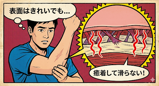 ![腕の手術痕を気にする男性と、皮下の筋膜癒着を示したアメコミ風イラスト。「表面はきれいでも...」「癒着して滑らない！」というテキスト入り] https://boost-care.com/wp-content/uploads/2026/01/IMG_1558.png