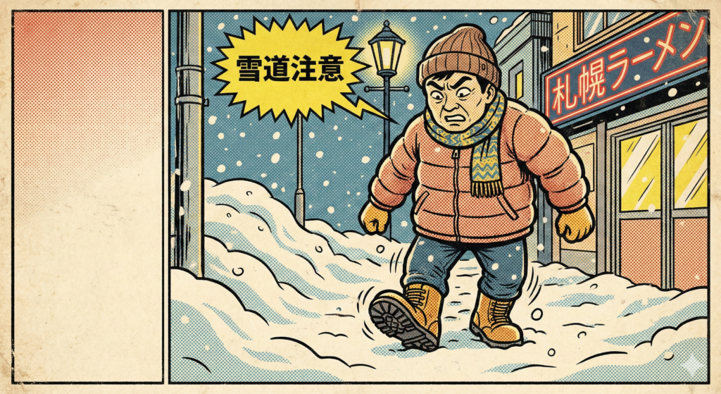ヴィンテージなアメリカンコミック(ポップアート)スタイルで描かれた正方形のイラストレーション。雪が激しく降る札幌の夜、厚手のオレンジ色のダウンジャケット、茶色のニット帽、青と黄色の模様のマフラー、頑丈なブーツを着用した日本人男性が、非常に慎重に雪に覆われた歩道を歩いている。男性は険しい表情で下を向き、足元を確認するように大きく足を上げている。足の周りには滑りそうな動きを示す効果線が描かれている。男性の頭上には黄色いギザギザの吹き出しがあり、日本語で「雪道注意」という太字のテキストが含まれている。背景には雪に埋もれたレトロな街灯と、「札幌ラーメン」という赤いネオンサインがある建物の一部が見える。全体的に太い黒の輪郭線、ドットパターン(Ben-Day dots)による陰影、そして古い紙のような質感があり、コミックブックのパネルとして構成されている。https://boost-care.com/wp-content/uploads/2026/01/IMG_1561.png