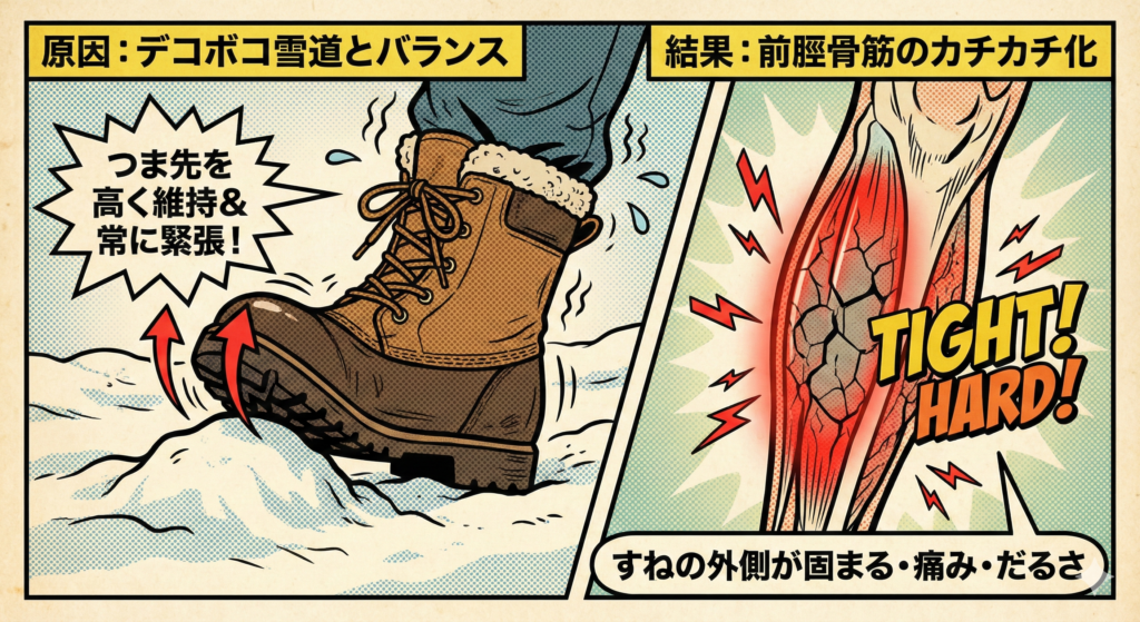 ヴィンテージのアメコミ風スタイルで描かれた、雪道歩行がすねの筋肉に与える影響を説明する2コマのイラスト図解。 * **左側のパネル(原因):** * 上部に「原因:デコボコ雪道とバランス」というタイトルがある。 * 茶色の冬用ブーツを履いた足が、凹凸のある雪面でバランスを崩しかけている様子が描かれている。 * 足首の周りには不安定さを示す波線と汗のしずくがあり、つま先が上を向いていることを示す赤い矢印がある。 * ギザギザの吹き出しには「つま先を高く維持&常に緊張!」というテキストがある。 * **右側のパネル(結果):** * 上部に「結果:前脛骨筋のカチカチ化」というタイトルがある。 * 下腿(すね)の解剖図があり、すねの外側の筋肉(前脛骨筋)が赤く強調され、岩のようにひび割れて硬直している様子が描かれている。 * 筋肉の上には「TIGHT!」「HARD!」という大きなアメコミ風の効果音テキストが重なり、痛みを表す赤い稲妻のような線が散りばめられている。 * 下部の枠内には「すねの外側が固まる・痛み・だるさ」という説明文がある。 全体を通して、太い輪郭線とドットパターン(Ben-Day dots)による着色が特徴的で、古い紙のような質感がある。https://boost-care.com/wp-content/uploads/2026/01/IMG_1563.png