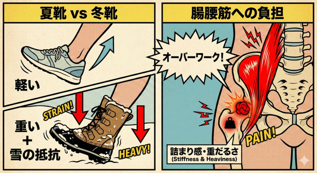 ヴィンテージなアメリカンコミック(ポップアート)スタイルの2分割解説図。雪道歩行が腸腰筋に与える負担を説明している。 左側のパネルは「夏靴 vs 冬靴」と題され、上下に比較されている。上部は軽量なランニングシューズを履いた足が軽快に上がる様子で「軽い」というテキストと青い上昇矢印がある。下部は雪のついた重い冬靴を履いた足を描き、太い赤い下降矢印と共に「重い + 雪の抵抗」と記され、「STRAIN!」「HEAVY!」という効果音で足を持ち上げる労力が表現されている。 右側のパネルは「腸腰筋への負担」と題されている。人間の骨盤と背骨の解剖図があり、太ももを持ち上げる腸腰筋が真っ赤に強調され、緊張している様子が描かれている。「オーバーワーク!」というギザギザの吹き出しが筋肉を指している。足の付け根部分には「赤い結び目(コリ)」と「重り」のアイコンがあり、その下に「詰まり感・重だるさ (Stiffness & Heaviness)」という説明書きと「PAIN!」という文字が添えられている。全体的にドットパターンの背景と太い輪郭線で構成されている。 https://boost-care.com/wp-content/uploads/2026/01/IMG_1564.png