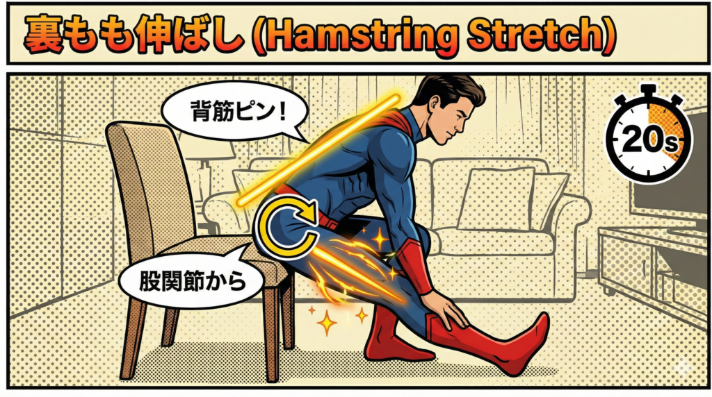 ヴィンテージのアメコミ風スタイルで描かれた、椅子を使ったハムストリングスのストレッチ方法を説明する図解。 * **タイトル**: 上部のバナーに太字で「裏もも伸ばし (Hamstring Stretch)」とある。 * **キャラクターとポーズ**: スーパーマンのスーツを着た男性が椅子に浅く座り、左足をまっすぐ前に伸ばしてかかとを床につけている。上体は股関節から前屈している。 * **説明要素**: * **背中**: 男性の背骨に沿って黄色く光る直線が引かれ、「背筋ピン!」という吹き出しが添えられている。 * **股関節**: 左の股関節部分に、前屈の動きを示す回転矢印と「股関節から」という吹き出しがある。 * **筋肉**: 伸ばした左太ももの裏側がオレンジ色に光り、エネルギー線と星印でストレッチされていることが強調されている。 * **時間**: 右上の角に、タイマーのイラストがあり「20s」と表示されている。 * **背景**: ドットパターンで描かれた漫画風のリビングルーム。https://boost-care.com/wp-content/uploads/2026/01/IMG_1565.png