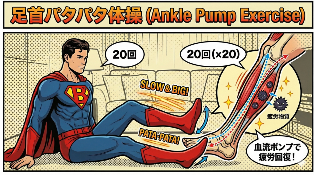 ヴィンテージのアメコミ(ポップアート)スタイルで描かれた、座って行う「足首パタパタ体操」の解説イラスト。 * **タイトル:** 上部のバナーに「足首パタパタ体操 (Ankle Pump Exercise)」と記されている。 * **キャラクター:** 青いボディスーツ、赤いマントとブーツを着用した筋肉質のスーパーヒーローが床に座り、両足を前に伸ばしている。胸には黄色いダイヤモンド型の中に赤い「B」の文字(Boost Careのロゴ)が入ったエンブレムがある。 * **アクション:** 足首を大きく手前(背屈)と奥(底屈)に動かしており、「PATA-PATA!」「SLOW & BIG!」というアメコミ風の効果音と動きを示す残像線が描かれている。 * **解剖図(右側):** 下腿(ふくらはぎとすね)の内部構造を示す拡大図。筋肉の収縮により、青と赤の点線で描かれた血流が促進され、イガイガした黒い「疲労物質」が押し流されている様子が描かれている。 * **テキスト:** 「20回」「血流ポンプで疲労回復!」という吹き出しが添えられている。 https://boost-care.com/wp-content/uploads/2026/01/IMG_1566.png