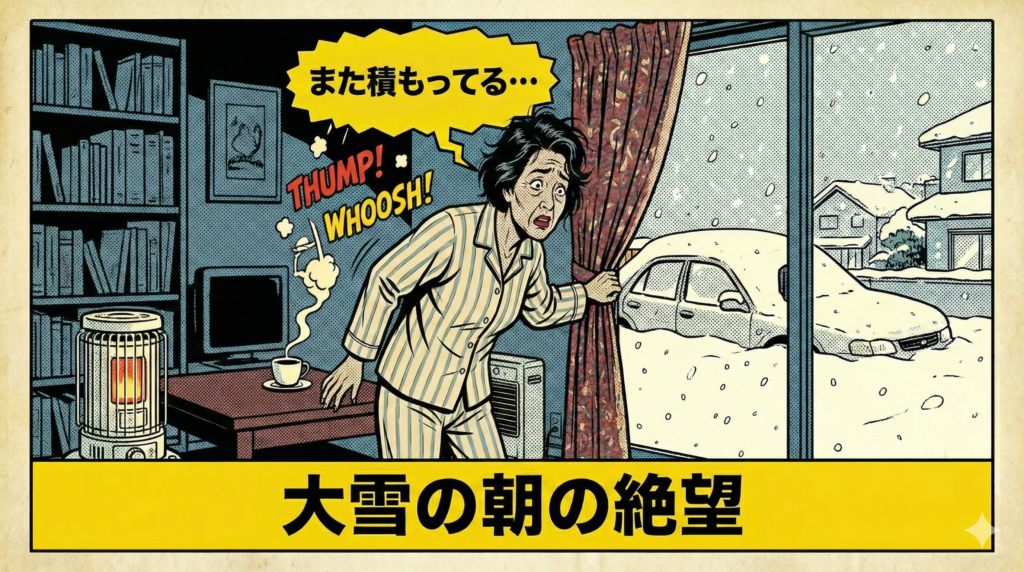 ![アメコミ風イラスト：パジャマ姿の女性がカーテンを開け、窓の外の車が埋まるほどの大雪を見て「また積もってる･･･」と絶望している様子。右下に「大雪の朝の絶望」のテロップ。](https://boost-care.com/wp-content/uploads/2026/01/IMG_1570.png