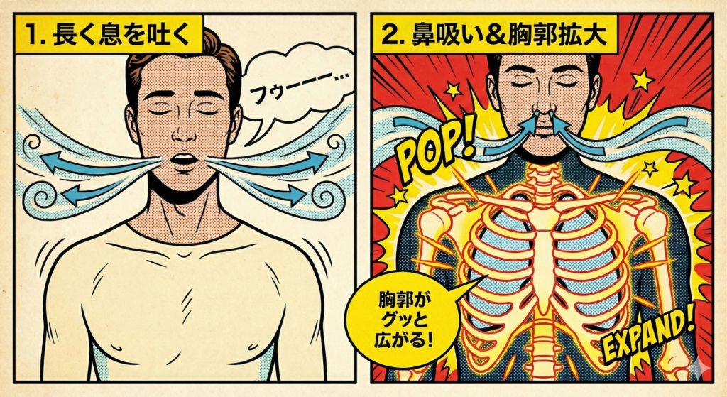 ![アメコミ風の呼吸法図解イラスト。左コマ：「1. 長く息を吐く」口から「フゥーーーー...」と長く息を吐き出す男性。右コマ：「2. 鼻吸い＆胸郭拡大」鼻から息を吸い、肋骨が光って大きく広がる様子を透視図で強調。「胸郭がグッと広がる！」という吹き出し付き。](https://boost-care.com/wp-content/uploads/2026/01/IMG_1571.png