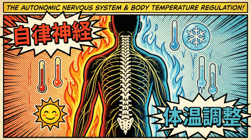 ![自律神経と体温調整の仕組み：背骨と神経系が熱（赤）と冷気（青）に反応しバランスをとる様子を描いたアメコミ風イラスト](https://boost-care.com/wp-content/uploads/2026/01/IMG_1574.png