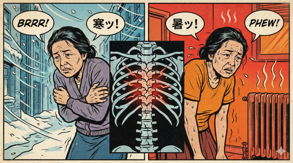 ![アメコミ風イラスト：左側は雪の中で「BRRR!」「寒ッ!」と震える女性。右側は暖房のそばで「PHEW!」「暑ッ!」と汗をかく女性。中央には、肋骨と背骨のX線画像があり、背骨の一部が赤く光って痛みを表している。寒暖差による体の負担を描いている。](
