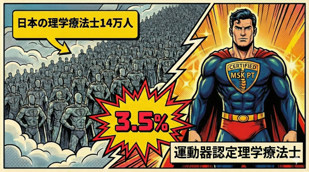 ![アメコミ風イラスト:左側に「日本の理学療法士14万人」を表す無数の群衆、中央に「3.5%」、右側に輝く「運動器認定理学療法士」のヒーロー。専門家の希少性を強調した。https://boost-care.com/wp-content/uploads/2026/01/IMG_1580.png