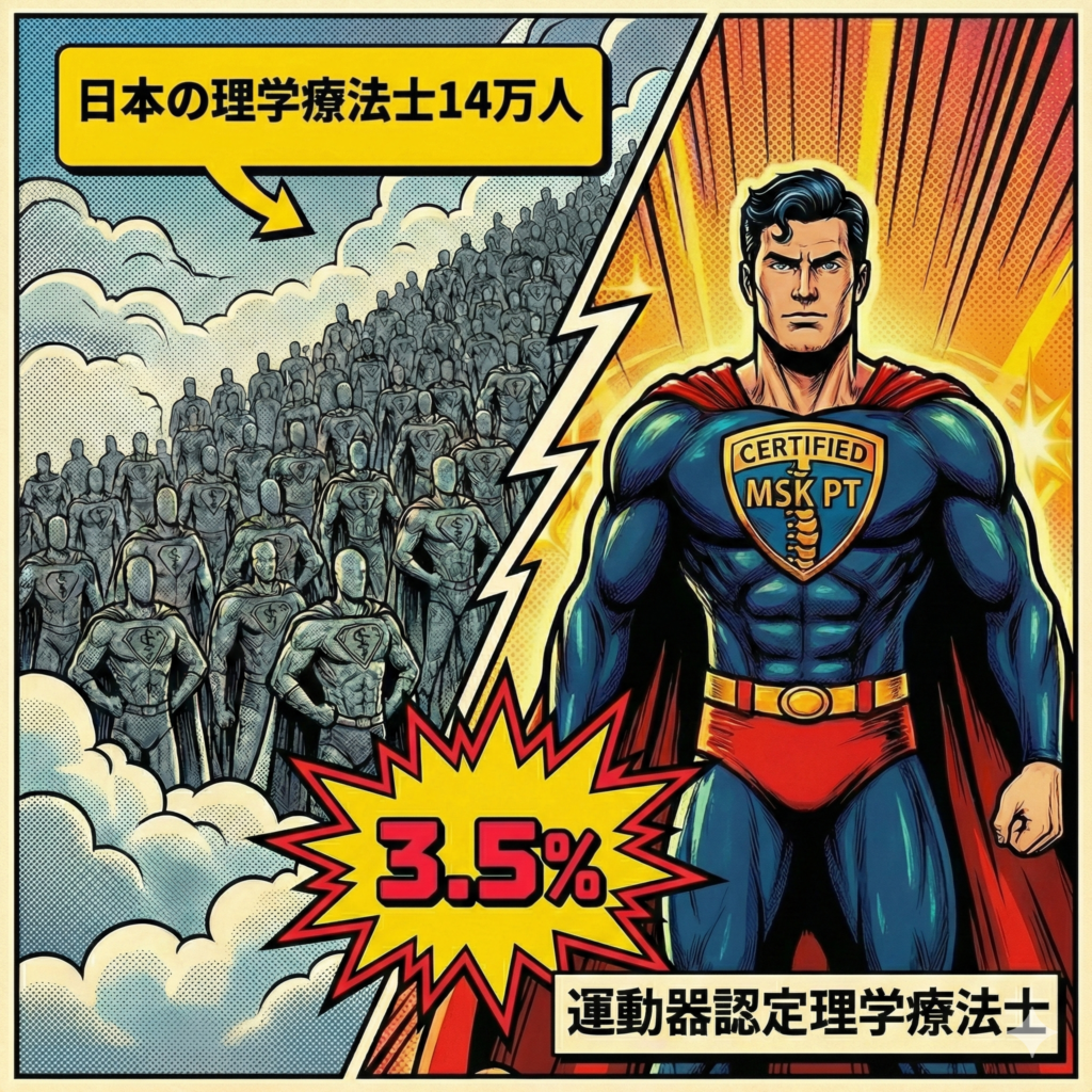 ![アメコミ風イラスト：左側に「日本の理学療法士14万人」を表す無数の群衆、中央に「3.5%」、右側に輝く「運動器認定理学療法士」のヒーロー。専門家の希少性を強調した正方形のアイキャッチ画像](https://boost-care.com/wp-content/uploads/2026/01/IMG_1581.png