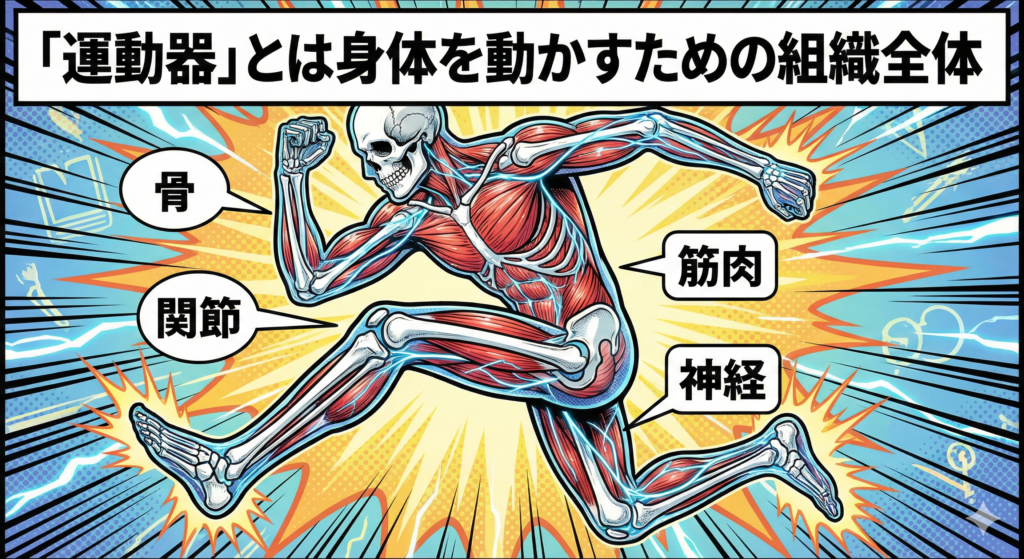 ![アメコミ風解剖図：「「運動器」とは身体を動かすための組織全体」というタイトルのもと、走る人物の透視図で、骨・筋肉・関節・神経が連携して身体を動かしている様子を解説した教育用イラスト](https://boost-care.com/wp-content/uploads/2026/01/IMG_1582.png