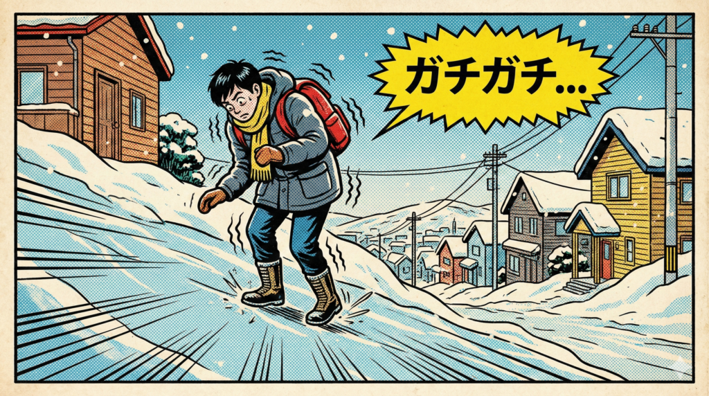 ![雪の積もった急な坂道を、転ばないように慎重にペンギン歩きで下る男性のアメコミ風イラスト。全身が緊張で強張っている様子が体の周りの振動線で表現され、吹き出しには「ガチガチ...」という文字がある。背景は電柱のある冬の住宅街。](image_11.png) https://boost-care.com/wp-content/uploads/2026/01/IMG_1584.png