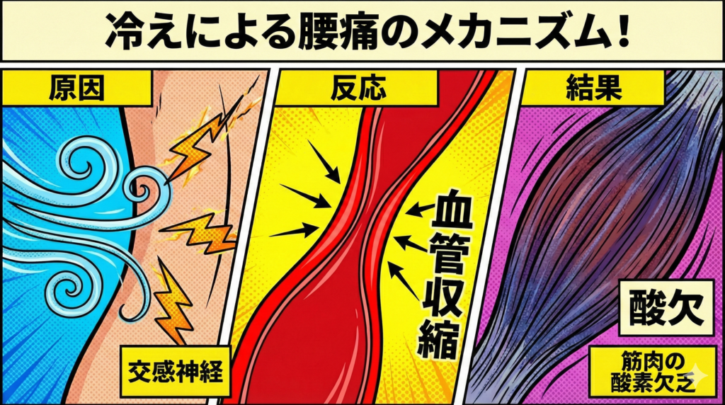 ![アメコミ風の3コマ漫画で表現された「冷えによる腰痛のメカニズム」の解説図。上部に大きなタイトルで「冷えによる腰痛のメカニズム！」とある。左のコマは「原因」で、冷たい風が肌に当たり、交感神経の稲妻が走る様子。中央のコマは「反応」で、赤い血管が矢印によって圧迫され「血管収縮」している様子。右のコマは「結果」で、筋肉の繊維が紫色に変色して硬直し、「酸欠」「筋肉の酸素欠乏」という文字が添えられている。](image_7.png) https://boost-care.com/wp-content/uploads/2026/01/IMG_1586.png