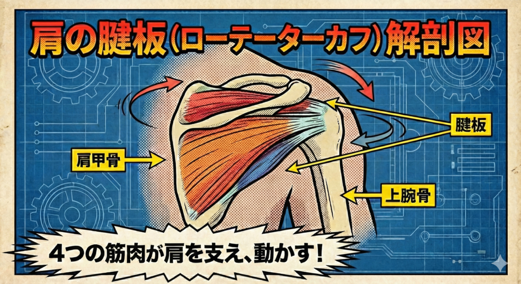 https://boost-care.com/wp-content/uploads/2026/01/IMG_1598.png American comic book style illustration, presented as a dynamic anatomical diagram page. The central focus is a stylized, exploded view of the human shoulder joint. Bold outlines, vibrant yet slightly muted educational colors, and halftone Ben-Day dot patterns throughout. It clearly shows the scapula and humerus bones connected by four distinct, color-coded muscles and tendons forming the rotator cuff. Arrows indicate movement and stability. Large, stylized Japanese text at the top reads "肩の腱板(ローテーターカフ)解剖図". Label boxes with arrows point to the structures: one points to the collective tendons saying "腱板", another to the shoulder blade saying "肩甲骨", and another to the upper arm bone saying "上腕骨". A caption box at the bottom contains the Japanese text "4つの筋肉が肩を支え、動かす!". The overall feel is like a blueprint for a superhero's power source.